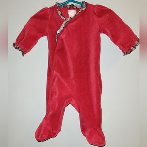 ❤️ Chaps RL Ralph Lauren Red Velour Baby Sleeper W/ Ruffled Plaid Trim 3 Months